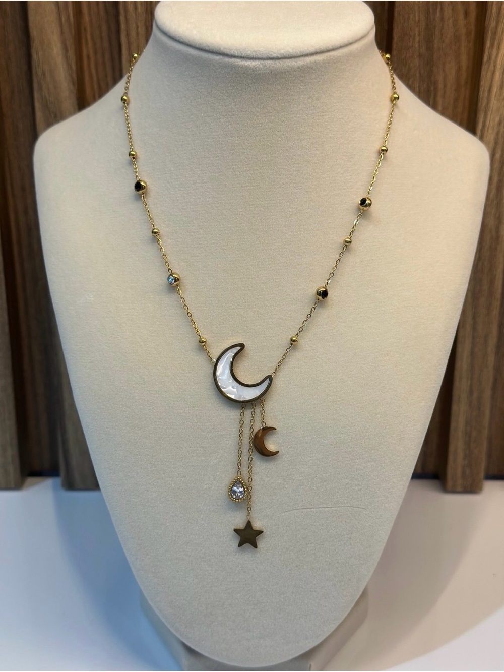 Gold Celestial Crescent Moon Star Necklace Mother of Pearl Style Crystal Charm